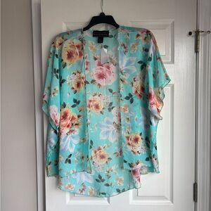Polly & Esther Floral Sheer Kimono - Aqua and Pink
